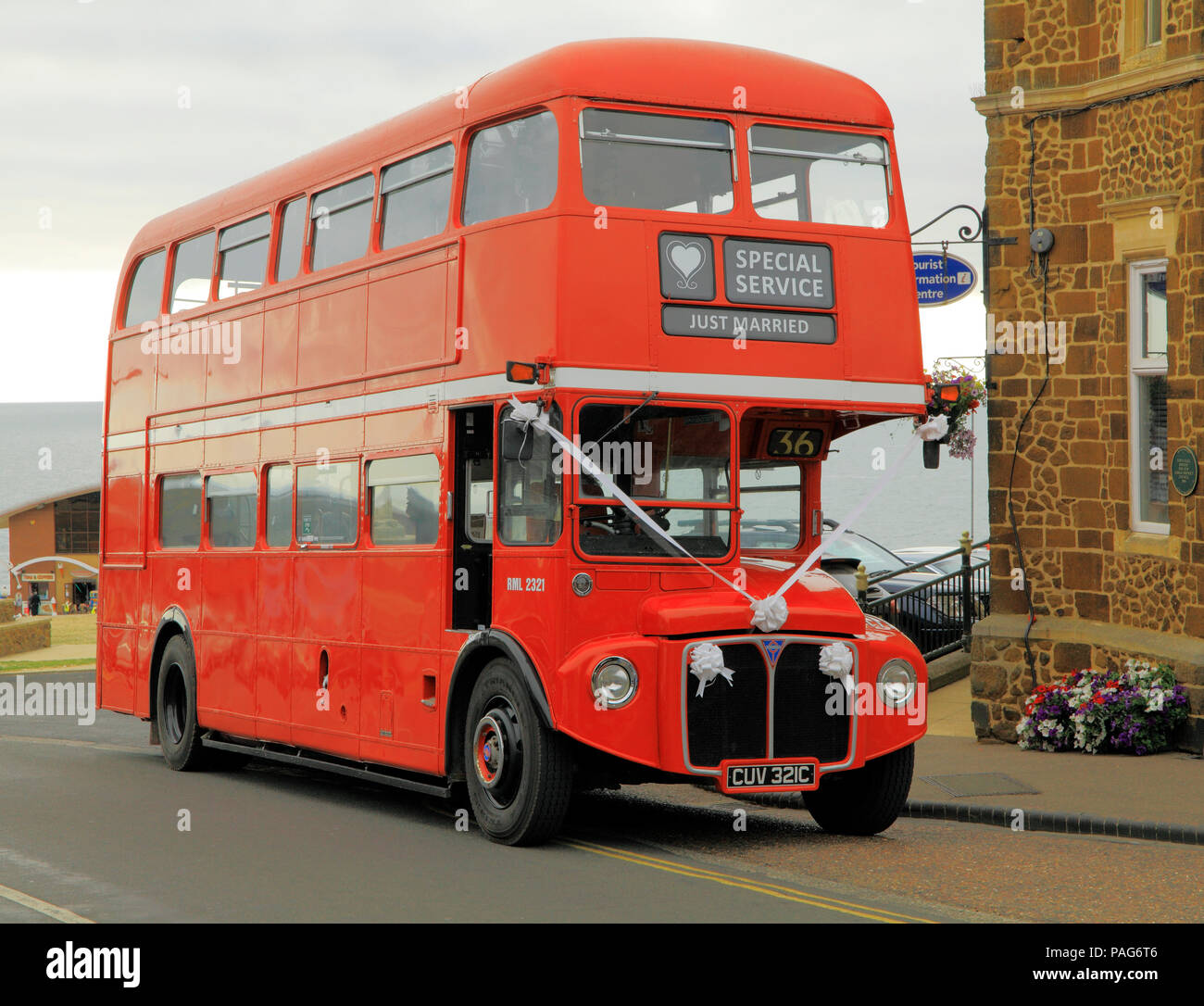 wedding, transport, red London bus, vintage 1965 Stock Photo