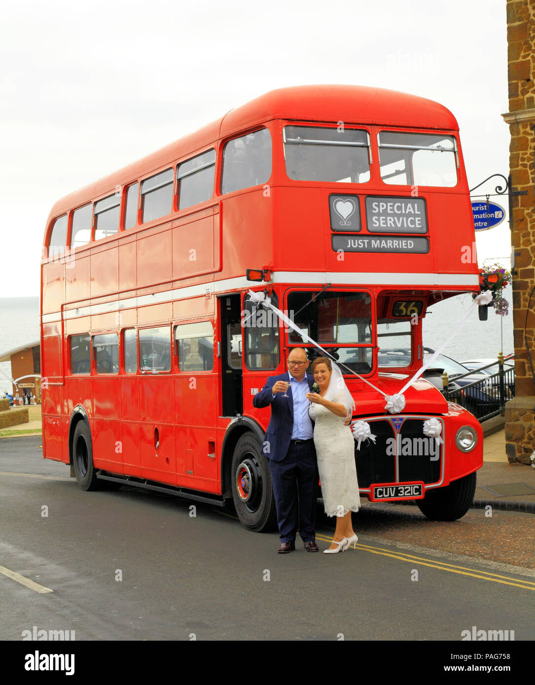 wedding, transport, red London bus, vintage 1965 Stock Photo