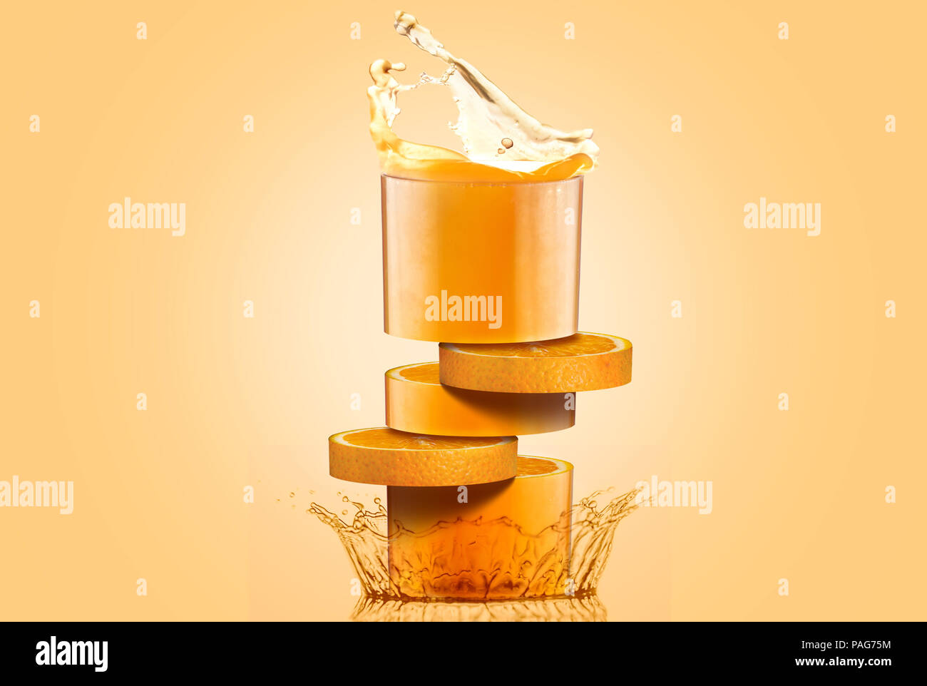 Orange juice composite photo, showing a glass divided on orange slices, splashing on a reflective surface, idea and concept Stock Photo