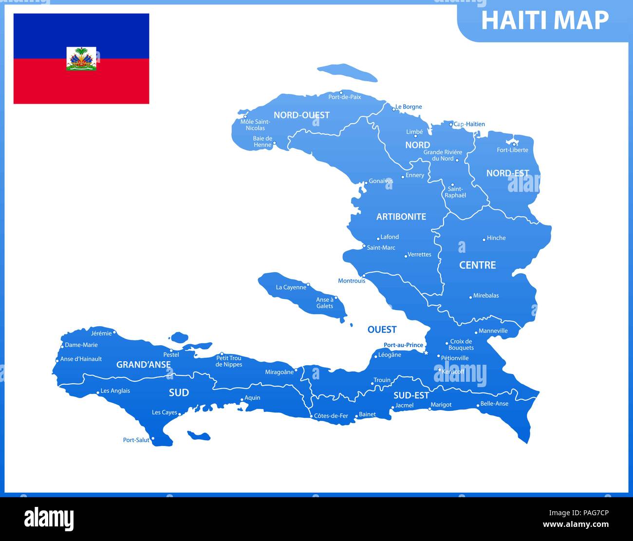 The detailed map of Haiti with regions or states and cities, capital. Administrative division 
