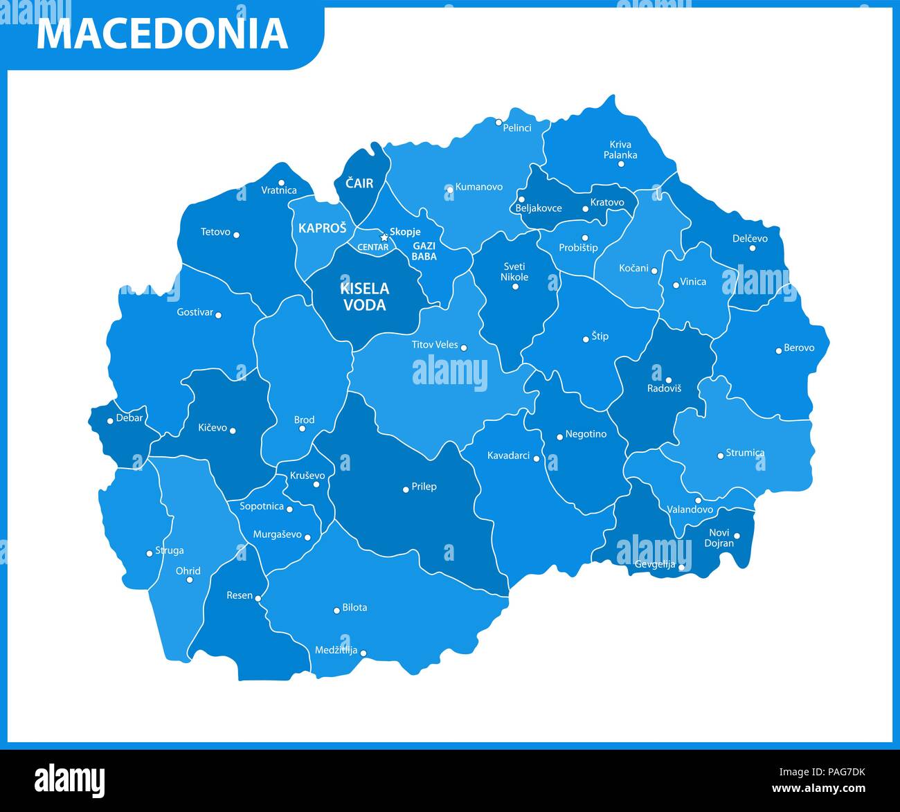 The detailed map of Macedonia with regions or states and cities, capital. Administrative division. Stock Vector