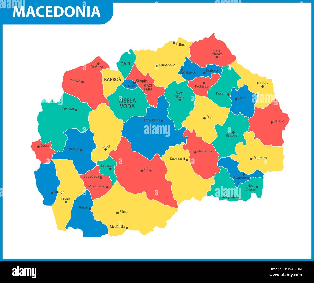The detailed map of Macedonia with regions or states and cities, capital. Administrative division. Stock Vector
