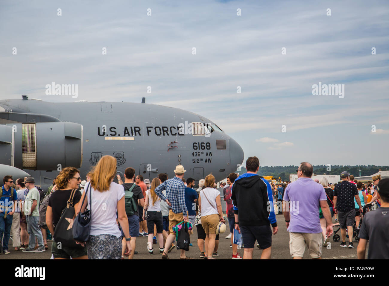 The Boeing C-17 Globemaster III large military transport aircraft display in the Farnborough Airshow 2018. Stock Photo