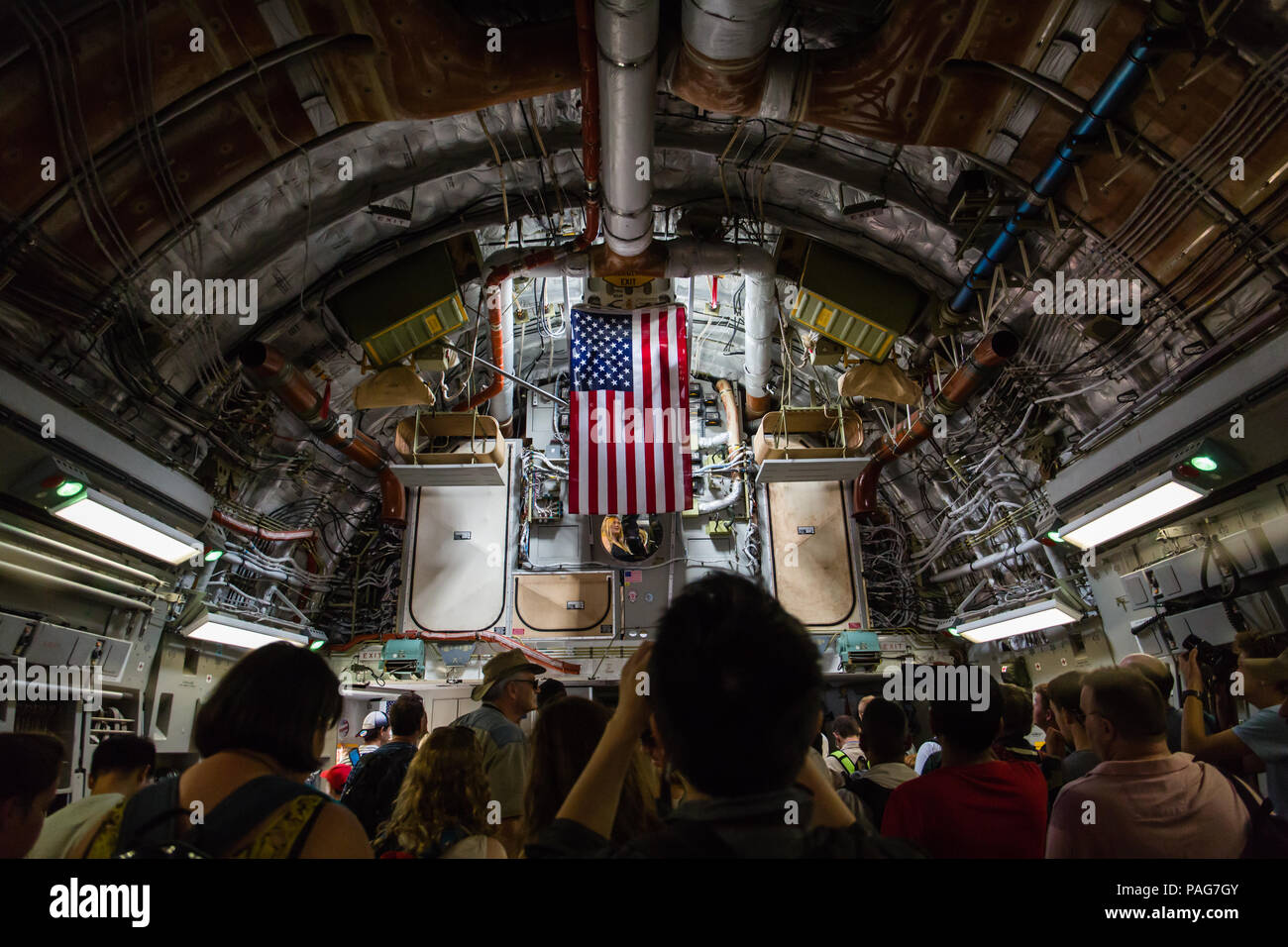 Interior of the Boeing C-17 Globemaster III large military transport aircraft display in the Farnborough Airshow 2018. Stock Photo