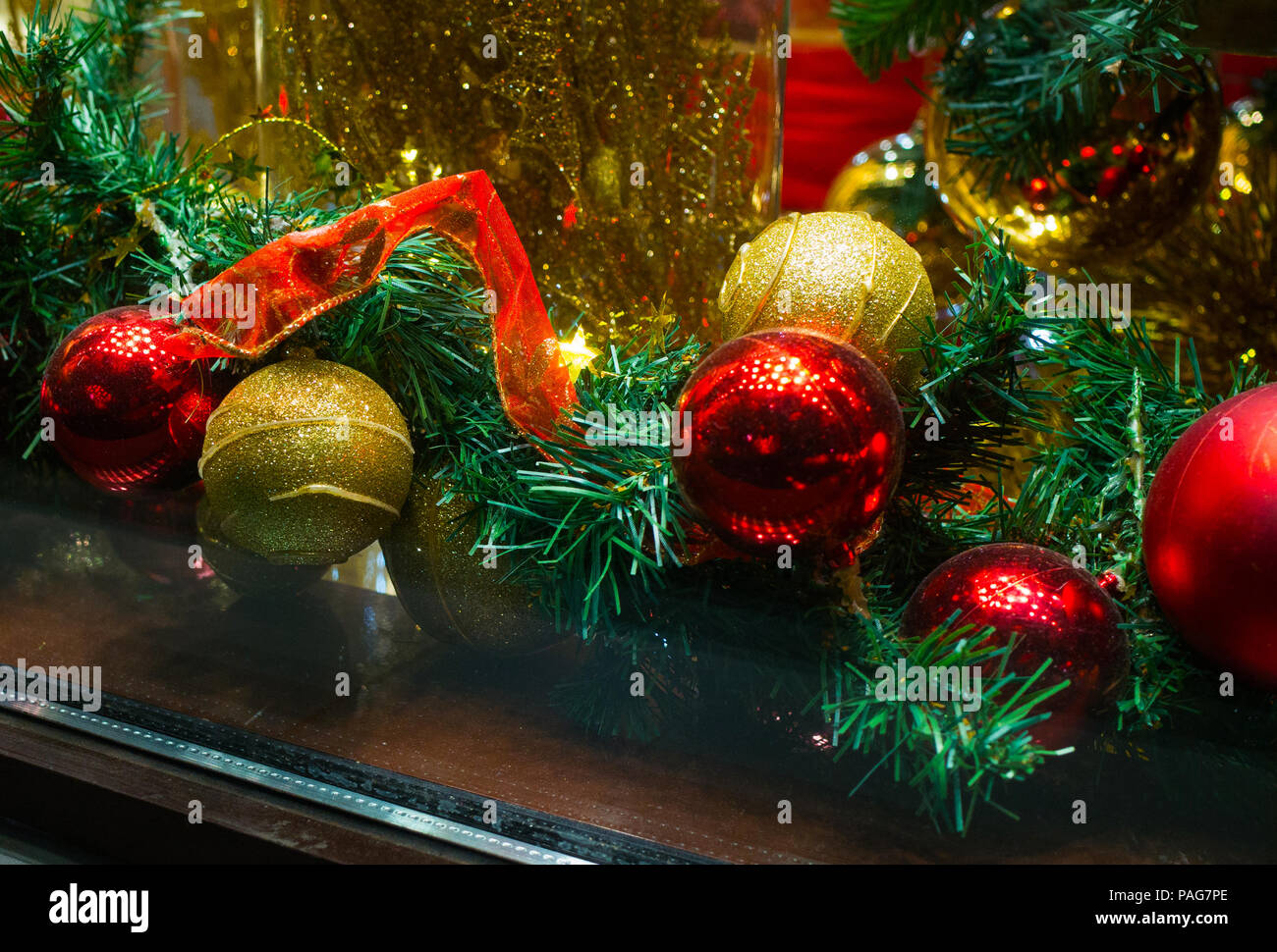 Christmas tree toys in the shop window Stock Photo Alamy