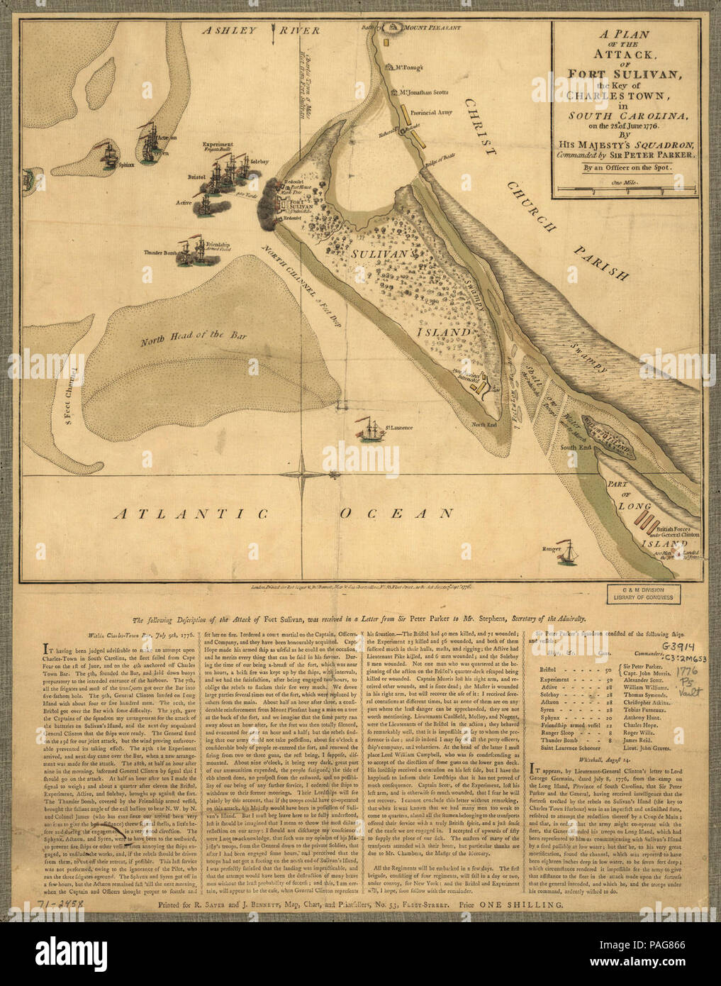 A Plan of the attack of Fort Sulivan, the key of Charlestown, in South Carolina, on the 28th. of June 1776. By His Majesty's squadron, commanded by Sir Peter Parker. By an officer on the spot. Stock Photo