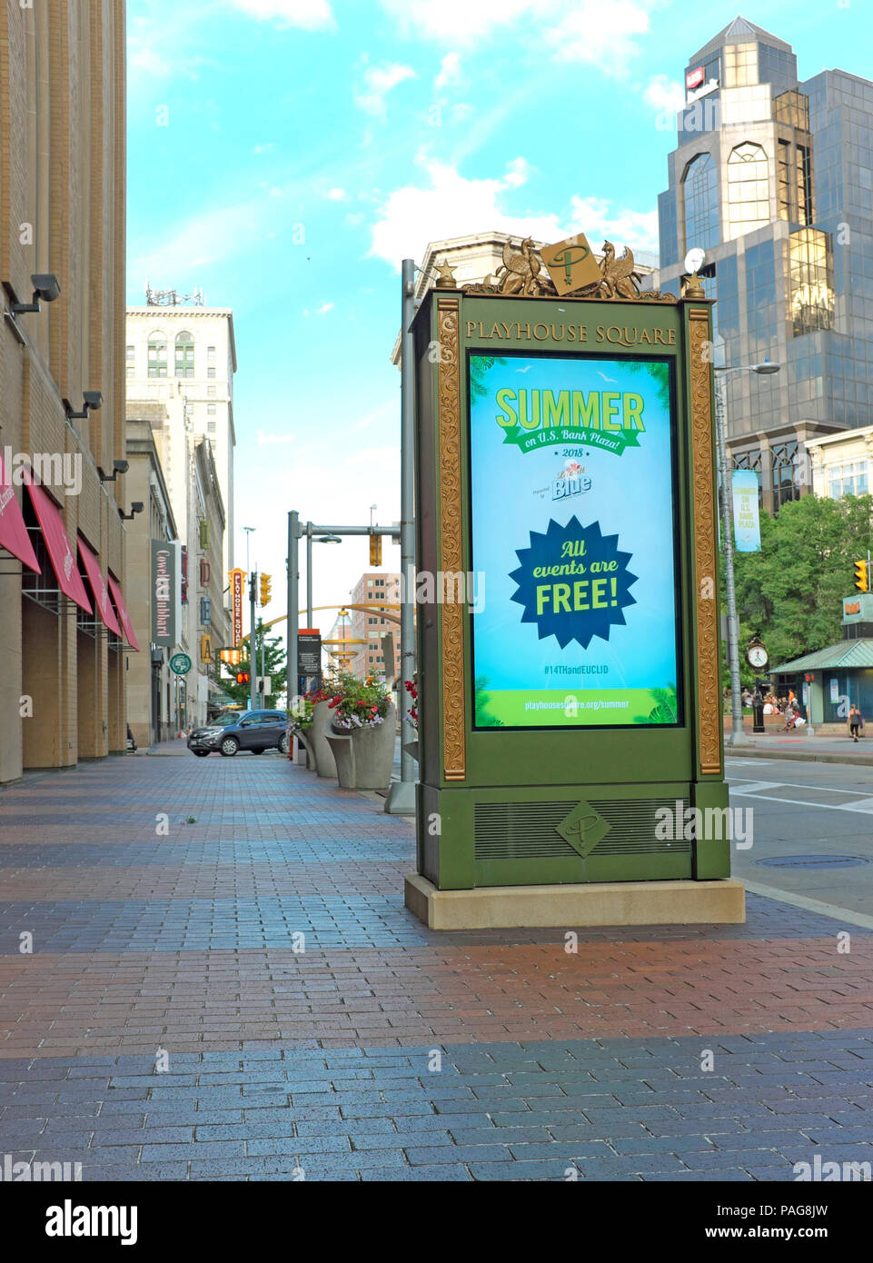 The U.S. Bank Plaza Summer series is advertised on a digital kiosk along Euclid Avenue in the Playhouse Square district of Cleveland, Ohio, USA. Stock Photo