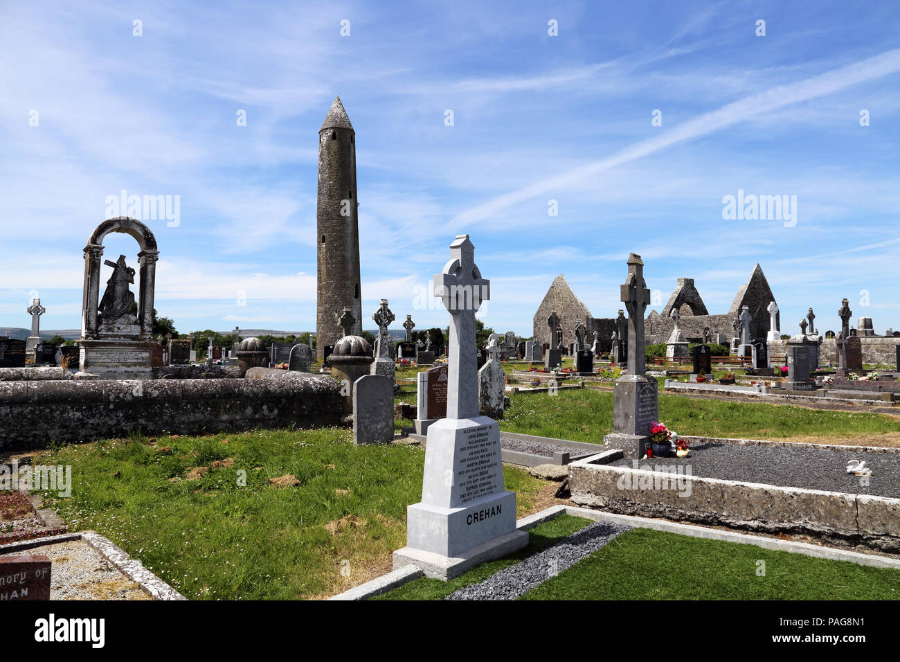 Killmacduagh Monastery is a ruined 7th century abbey near the town of Gort in County Galway, Ireland. It was the birthplace of the Diocese of Kilmacdu Stock Photo