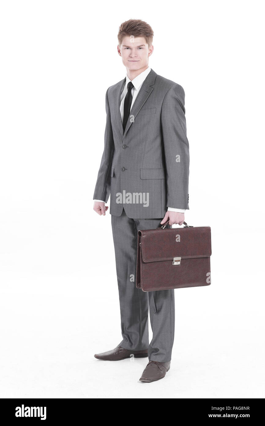 in full growth.young businessman with a leather briefcase. Stock Photo