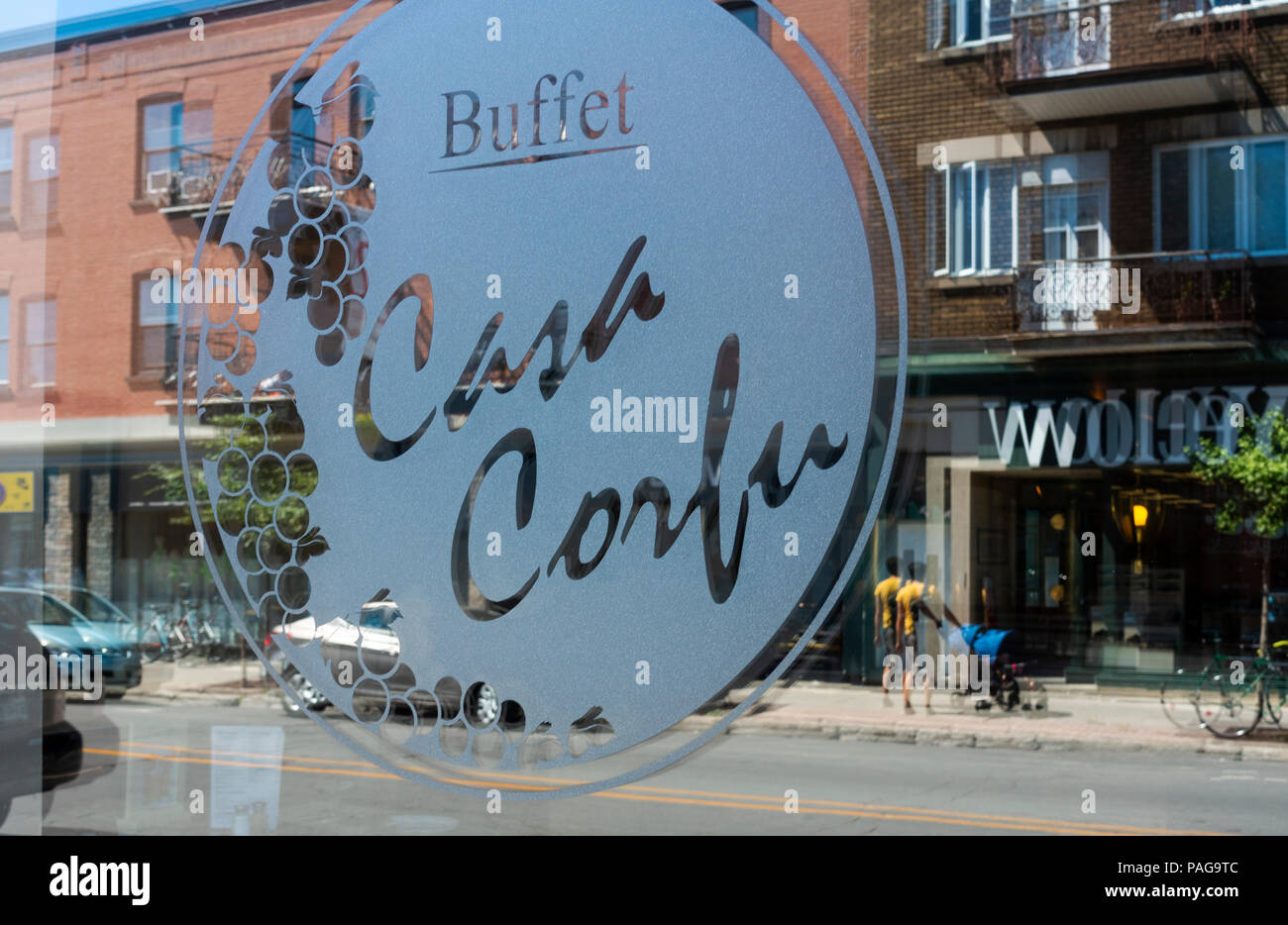 A window of Buffet Casa Corfu, a restaurant in Montreal, Canada Stock Photo