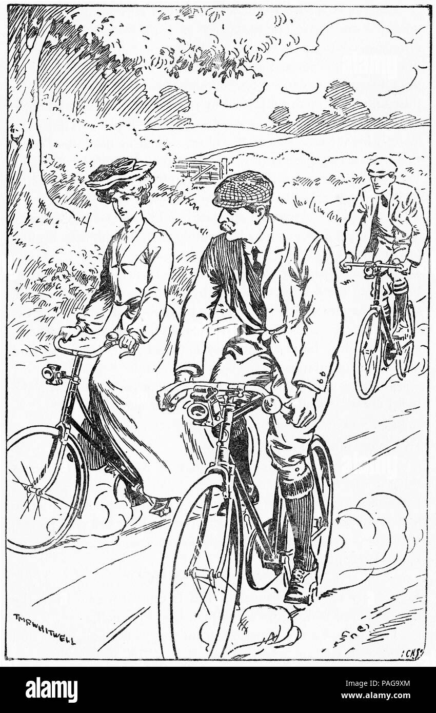 Engraving of a young people riding their bicycles in teh country, circa 1903. Stock Photo