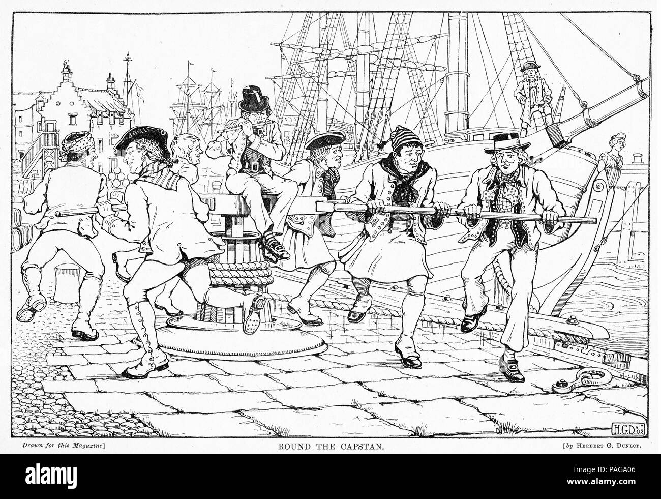 Engraving of sailors pushing around the capstan to raise the anchor. From Young England, An Illustrated Monthly for Boys, 1903. Stock Photo