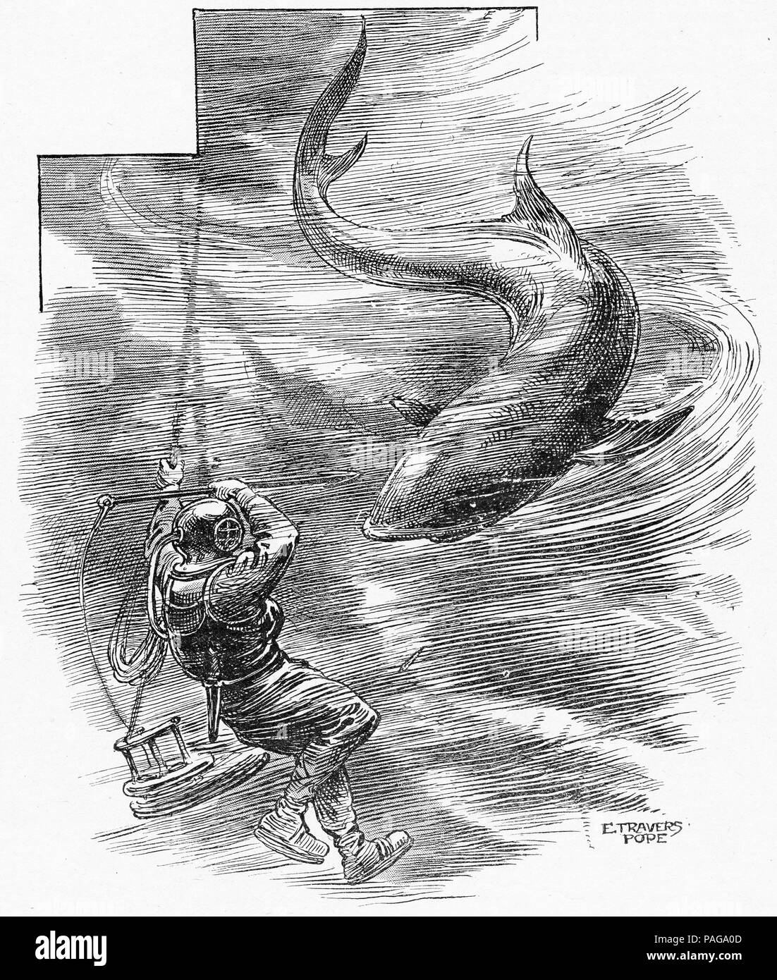 Engraving of a deep sea diver fending off a shark attack. From Young England, An Illustrated Monthly for Boys, 1903. Stock Photo