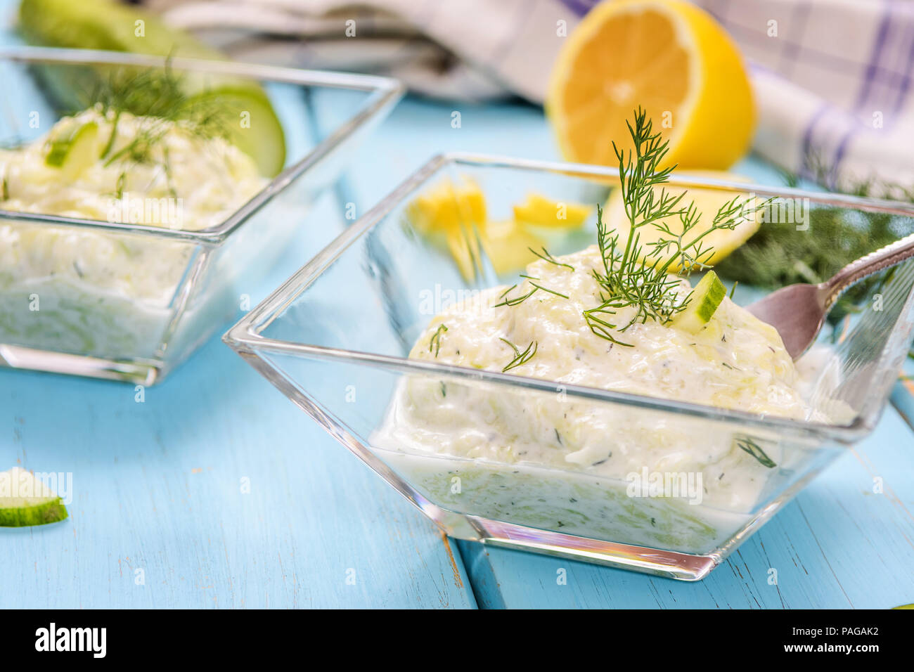 Traditional greek food tzatziki. Sauce from cucumber, garlic, dill and