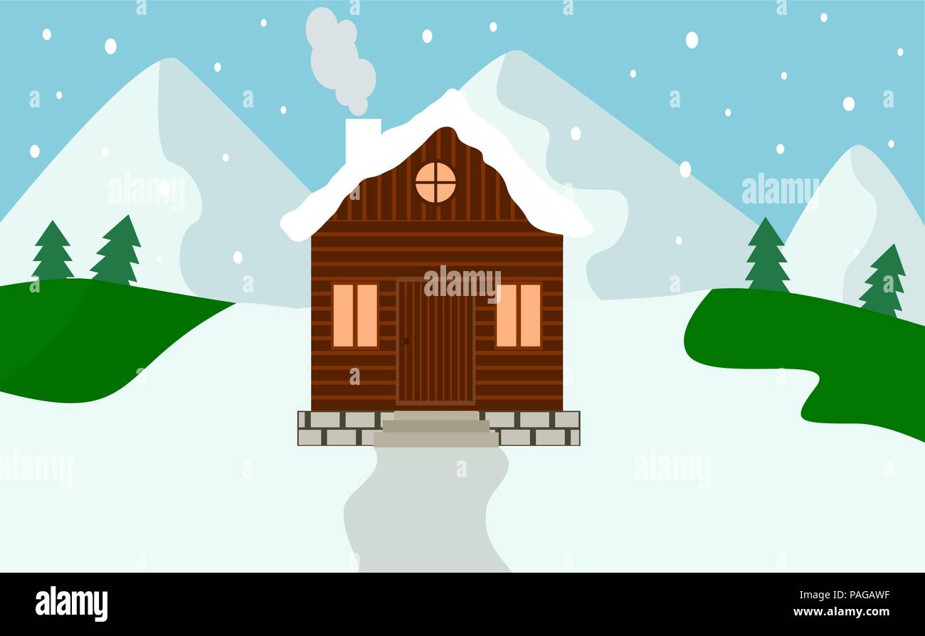Winter wooden House Snow Forest mountains Flat Vector Stock Vector