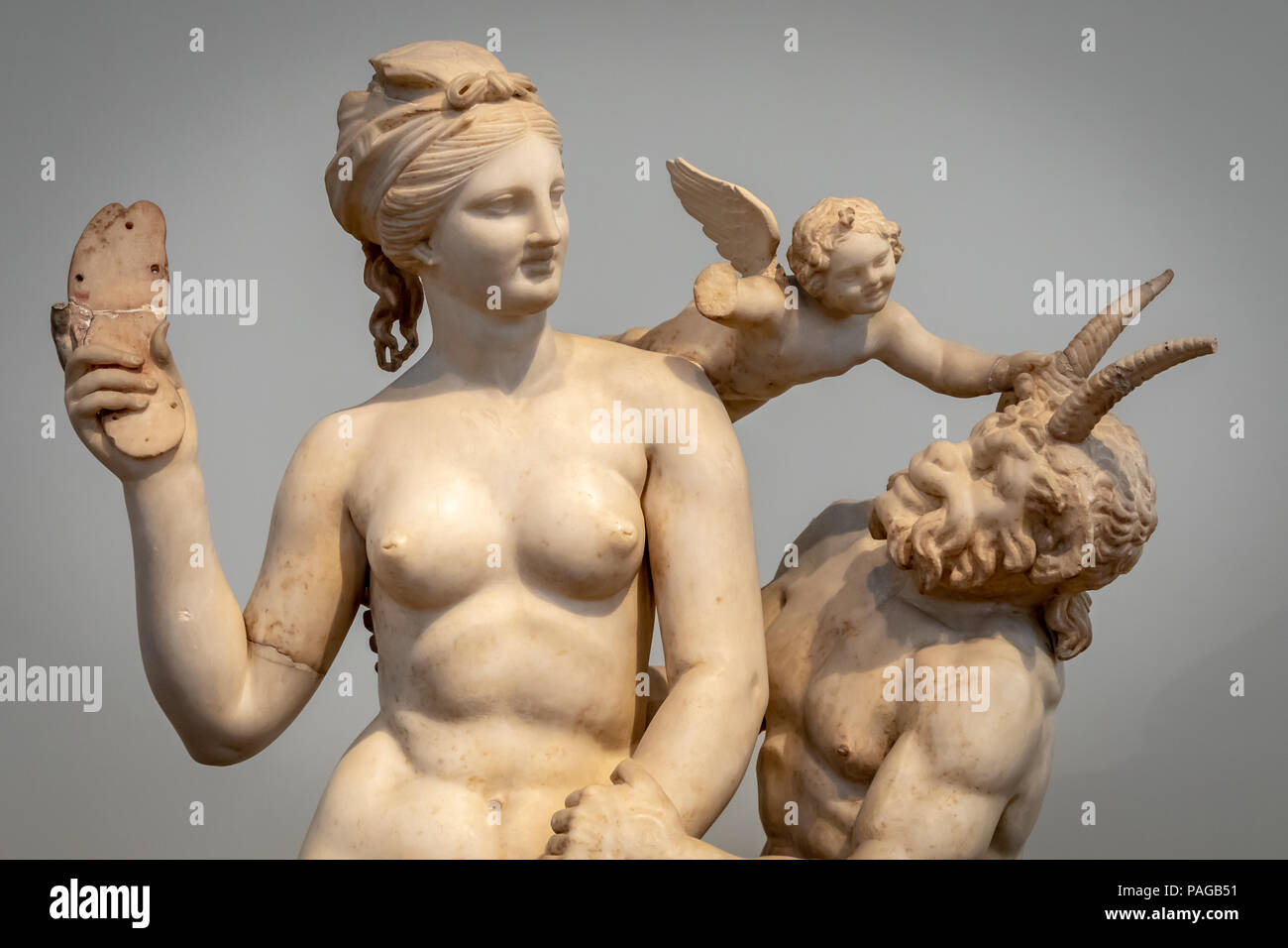 Statue of Aphrodite, Pan, & Eros, Found House of the Poseidoniastia of Beryttos (Beirut), Abt 100 BC. Stock Photo