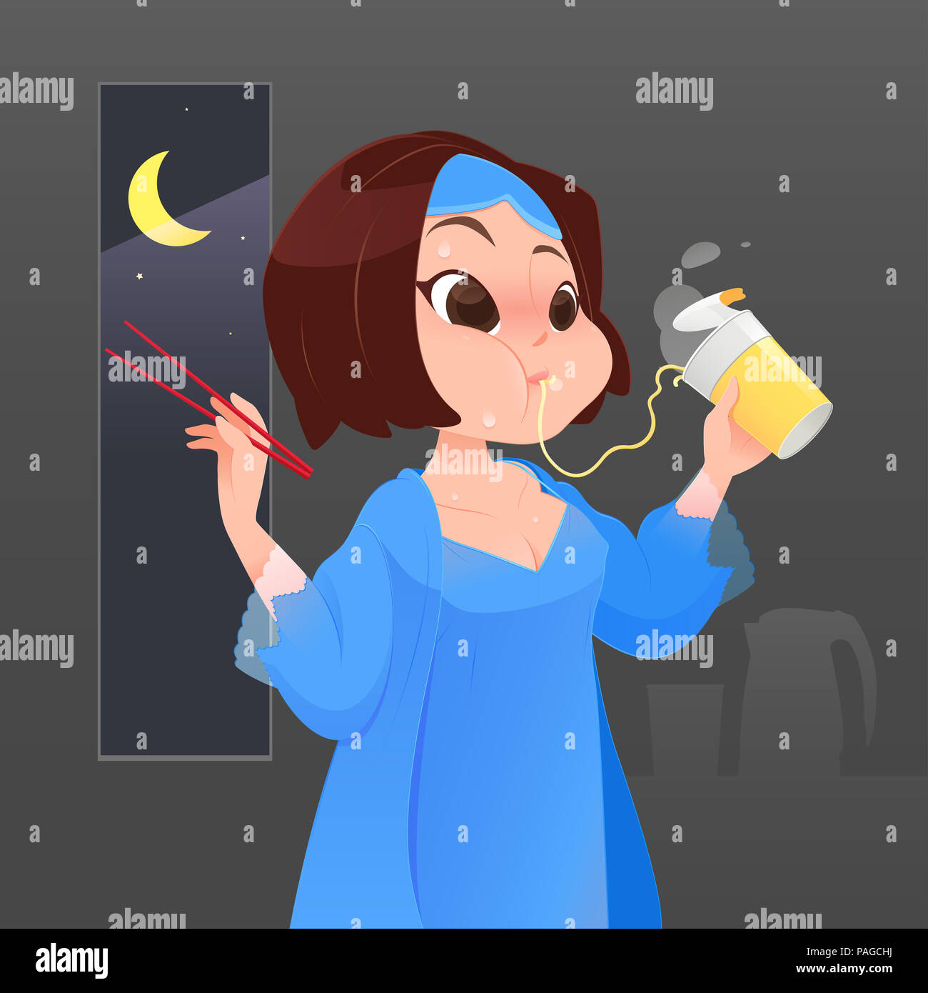 Illustration woman in blue nightgown eating instant noodle in kitchen