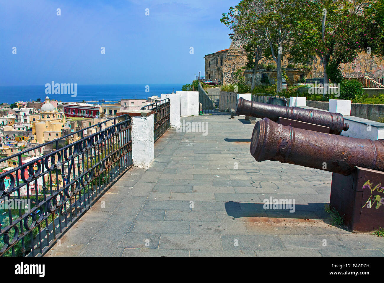 Cannons at fortress Terra Murata, a former prison on Procida, Gulf of Naples, Italy Stock Photo