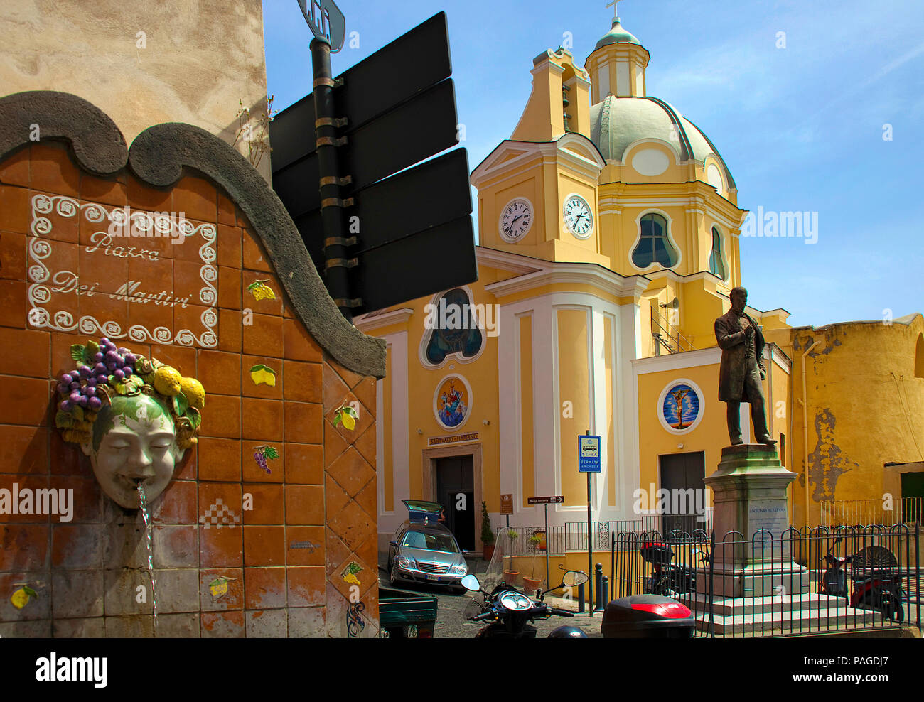 Well and memorial of Vittorio Scialoia at church Chiesa della Madonna delle Grazie, Piazza dei Martiri, Procida, Gulf of Naples, Italy Stock Photo