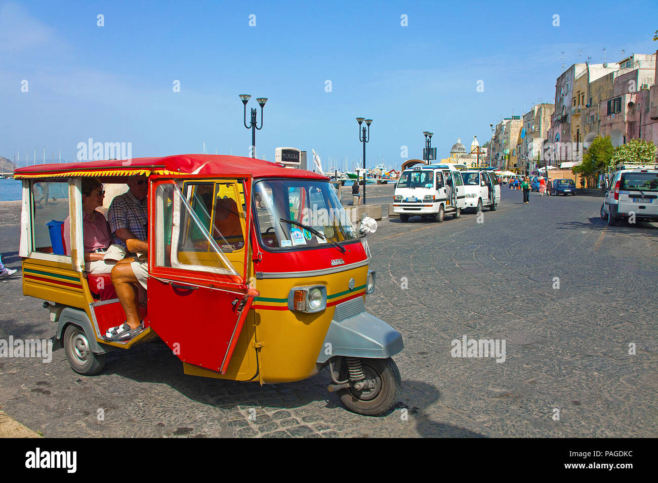 Ape taxi, typical italien mini trike at Marina Grande, Procida, Gulf of Naples, Italy, Mediterranean Sea, Europe Stock Photo