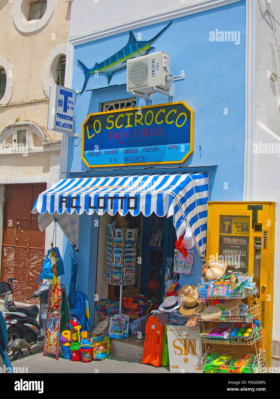Souvenir shop at a alley of old town, Procida, Gulf of Naples, Italy Stock Photo