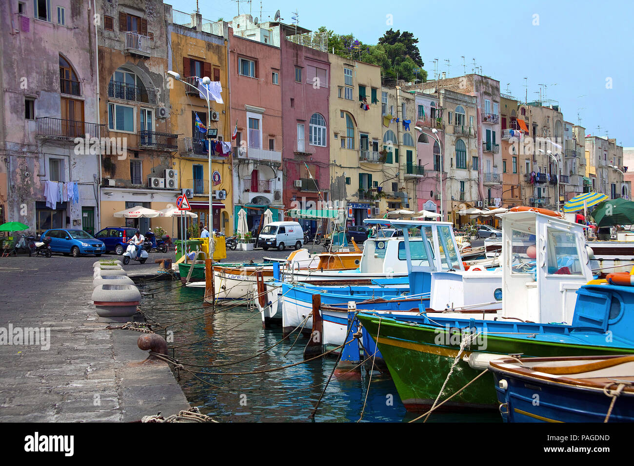 Fishing boats at fishing harbour Marina Grande, Procida island, Gulf of