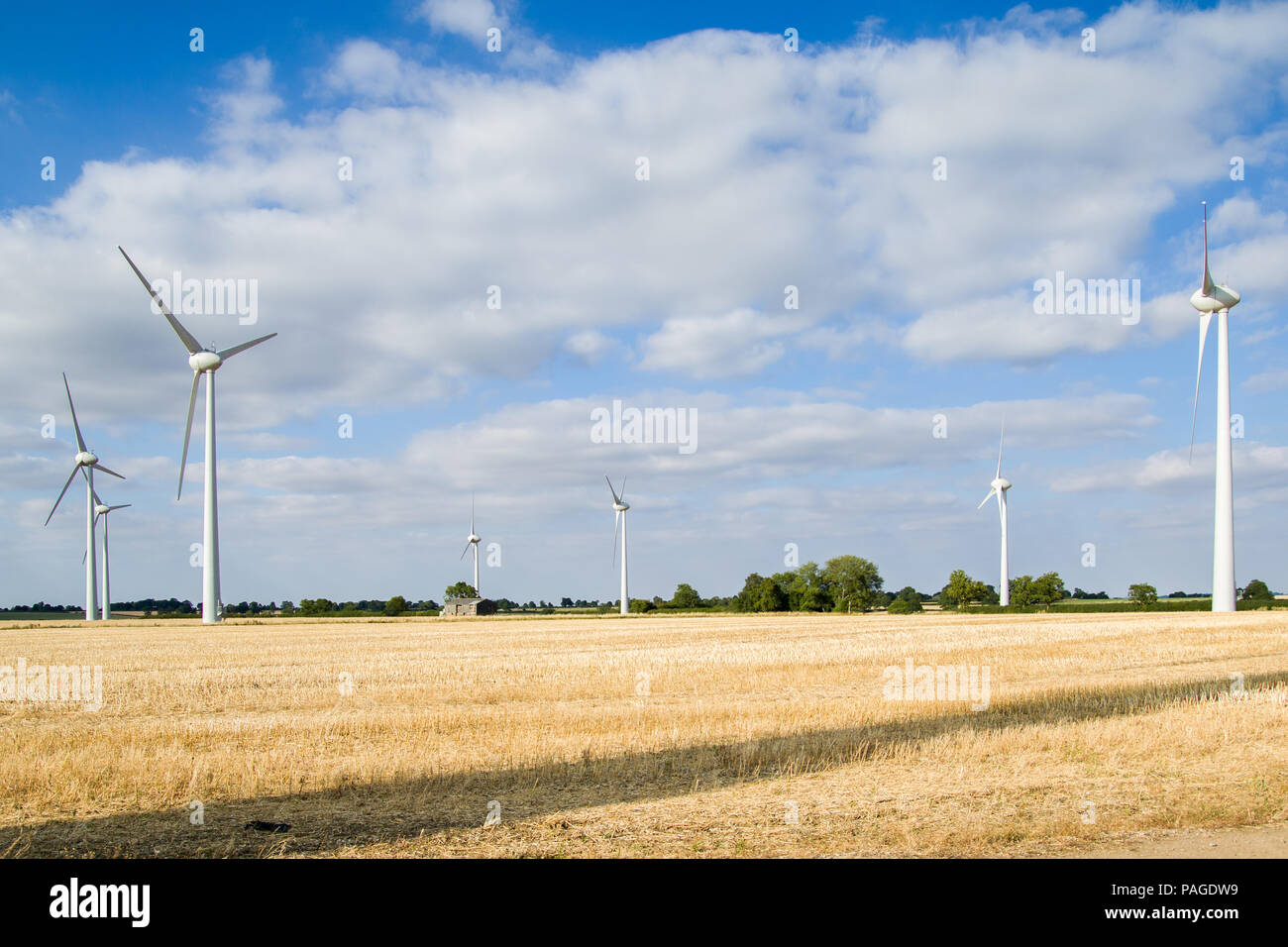 Wind Farm Turbines, Wheat field, blue skies, white fluffy clouds green trees in the background. Six Hills nr Loughborough Leicestershire England UK. Stock Photo