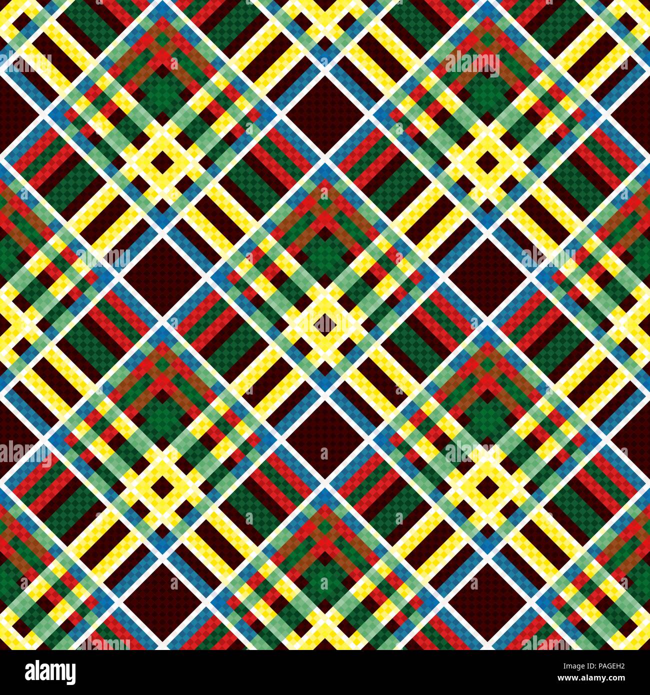 Seamless checkered pattern with interweaving of bright red, yellow, green and blue lines on the dark red background, vector as a fabric texture Stock Vector