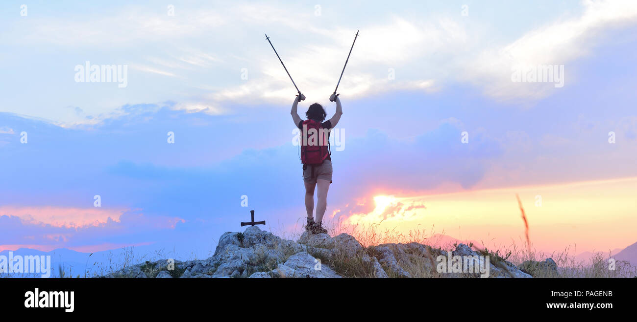Female hiker reaches mountain hi-res stock photography and images - Alamy