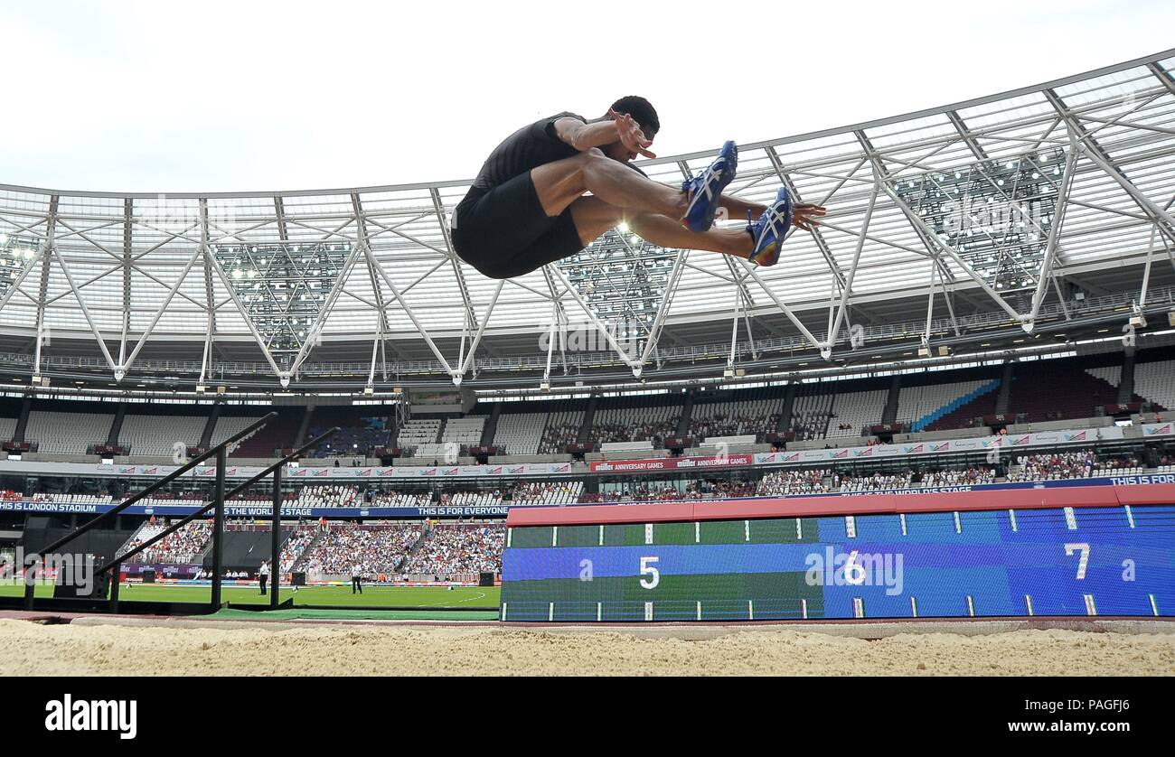 London, UK. 22nd July, 2018. Feron Sayers (GBR) in the mens long jump. Muller Anniversary Games. IAAF Diamond League. Olympic Stadium. Queen Elizabeth Olympic Park. Stratford. London. UK. 22/07/2018. Credit: Sport In Pictures/Alamy Live News Stock Photo