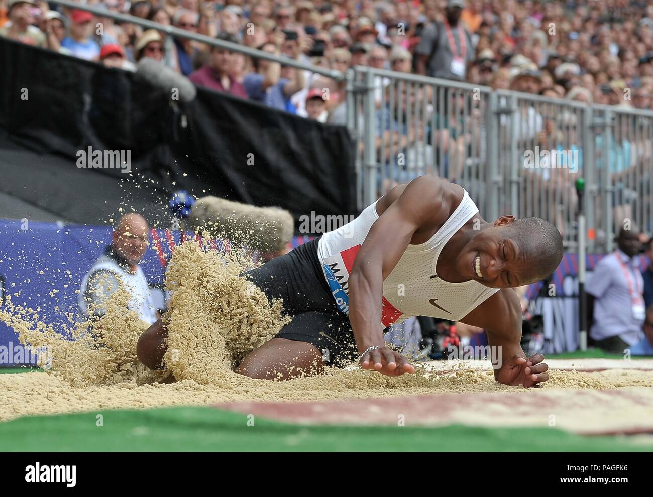 London, UK. 22nd July, 2018. Luvo Manyonga (RSA) in the mens log jump. Muller Anniversary Games. IAAF Diamond League. Olympic Stadium. Queen Elizabeth Olympic Park. Stratford. London. UK. 22/07/2018. Credit: Sport In Pictures/Alamy Live News Stock Photo