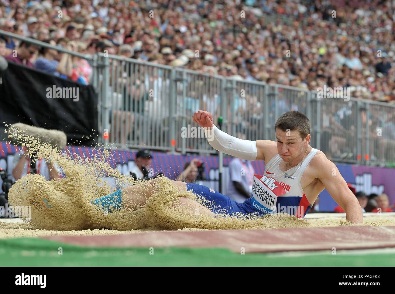London, UK. 22nd July, 2018. Timothy Duckworth (GBR) in the mens log jump. Muller Anniversary Games. IAAF Diamond League. Olympic Stadium. Queen Elizabeth Olympic Park. Stratford. London. UK. 22/07/2018. Credit: Sport In Pictures/Alamy Live News Stock Photo