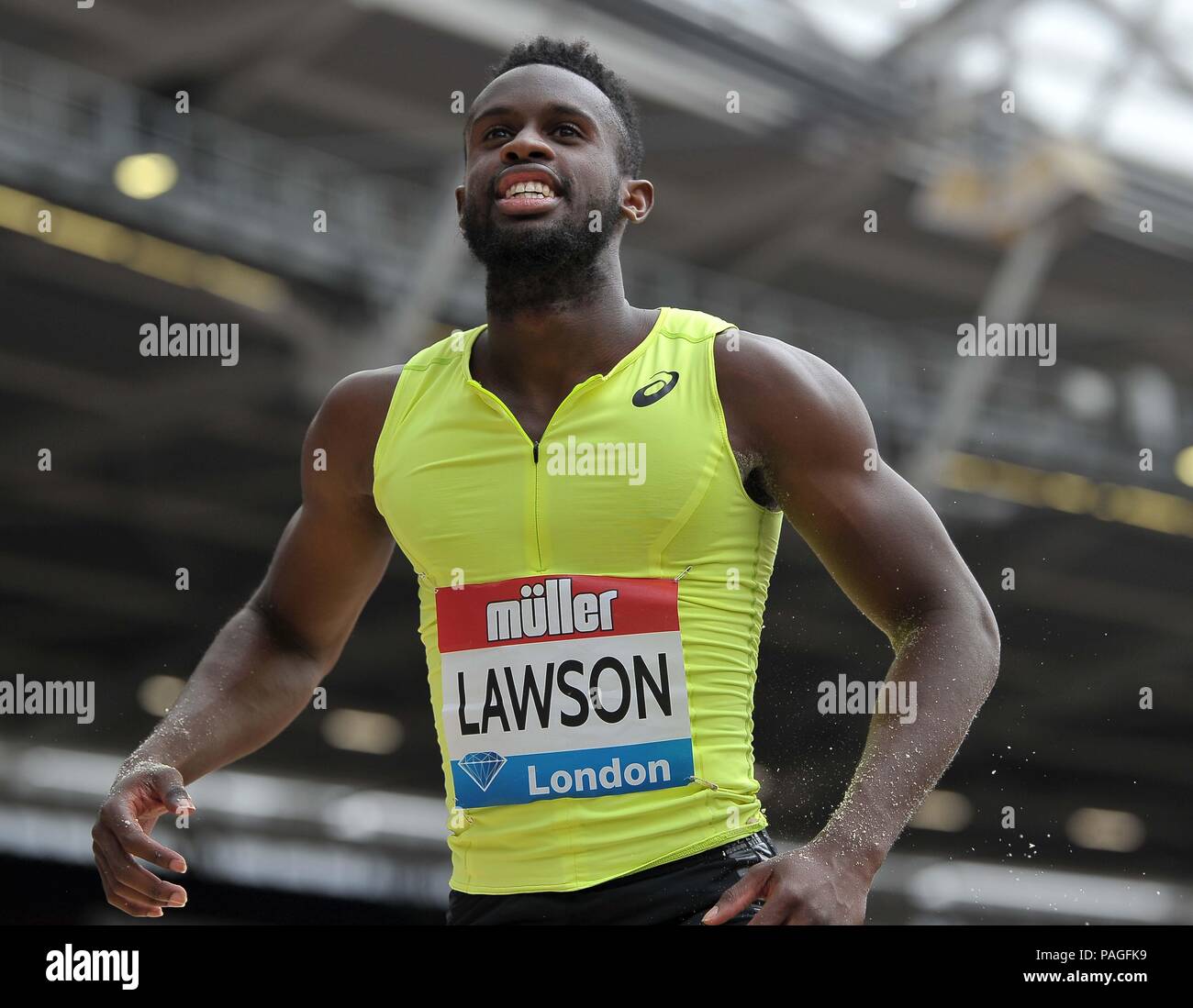 London, UK. 22nd July, 2018. Jarrion Lawson (USA) in the mens log jump. Muller Anniversary Games. IAAF Diamond League. Olympic Stadium. Queen Elizabeth Olympic Park. Stratford. London. UK. 22/07/2018. Credit: Sport In Pictures/Alamy Live News Stock Photo