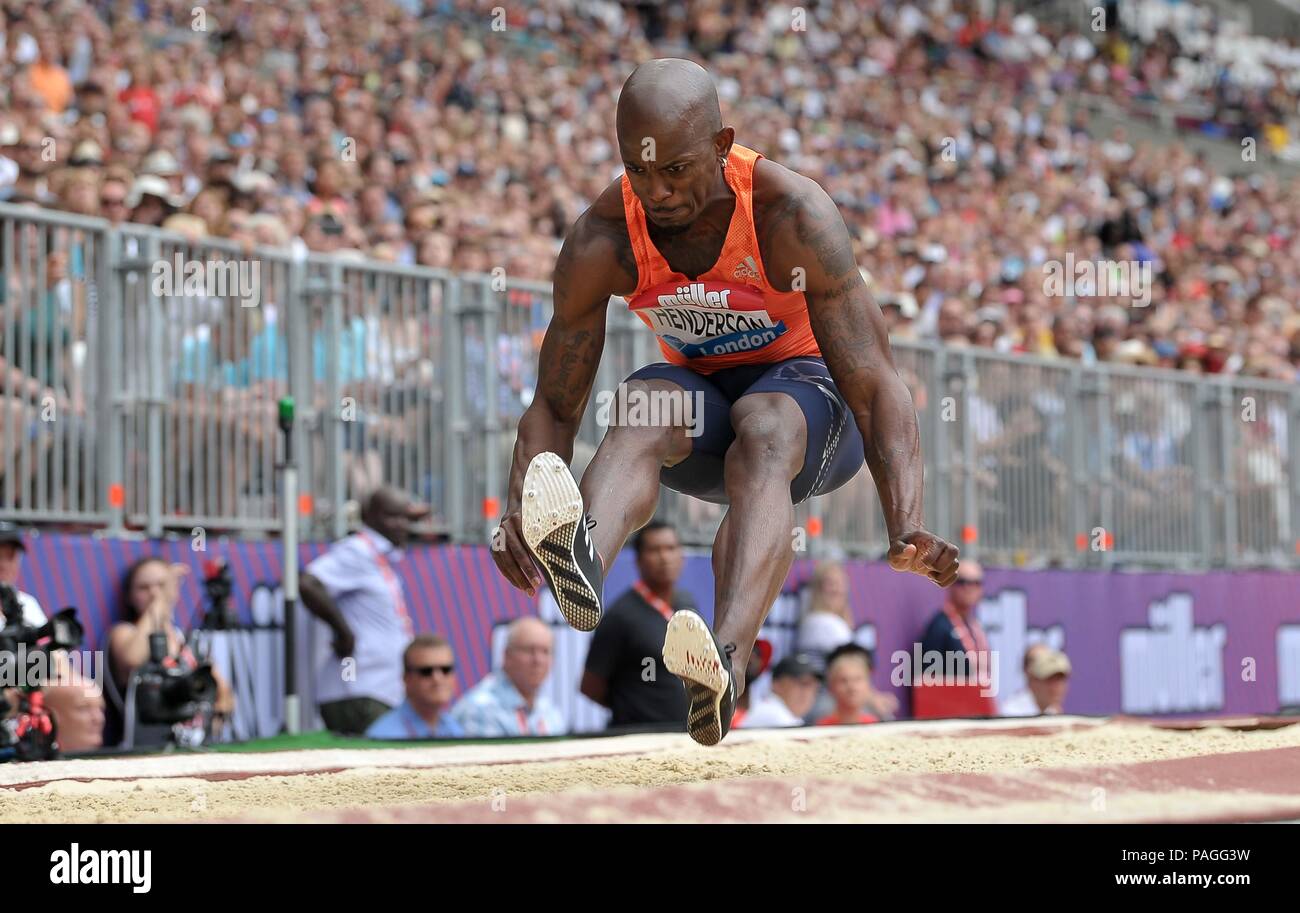London, UK. 22nd July, 2018. Jeff Henderson (USA) in the mens long jump. Muller Anniversary Games. IAAF Diamond League. Olympic Stadium. Queen Elizabeth Olympic Park. Stratford. London. UK. 22/07/2018. Credit: Sport In Pictures/Alamy Live News Stock Photo