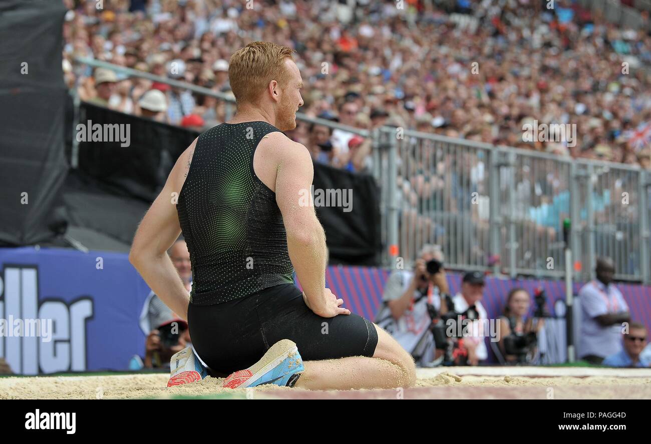 London, UK. 22nd July, 2018. Greg Rutherford (GBR) in the mens long jump. Muller Anniversary Games. IAAF Diamond League. Olympic Stadium. Queen Elizabeth Olympic Park. Stratford. London. UK. 22/07/2018. Credit: Sport In Pictures/Alamy Live News Stock Photo