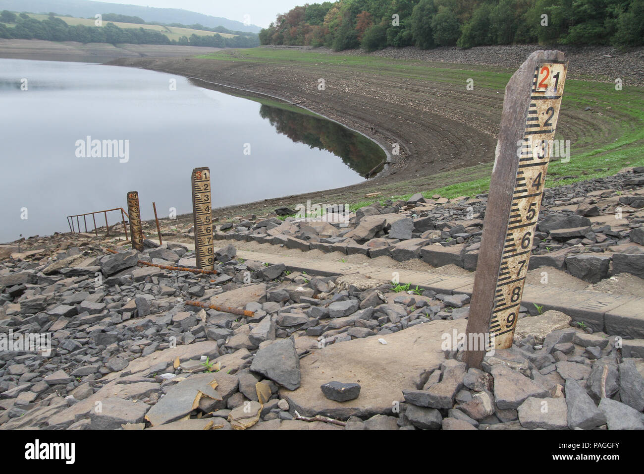 Lancashire, UK. 21 July 2018. The Reservoir is now showing very low