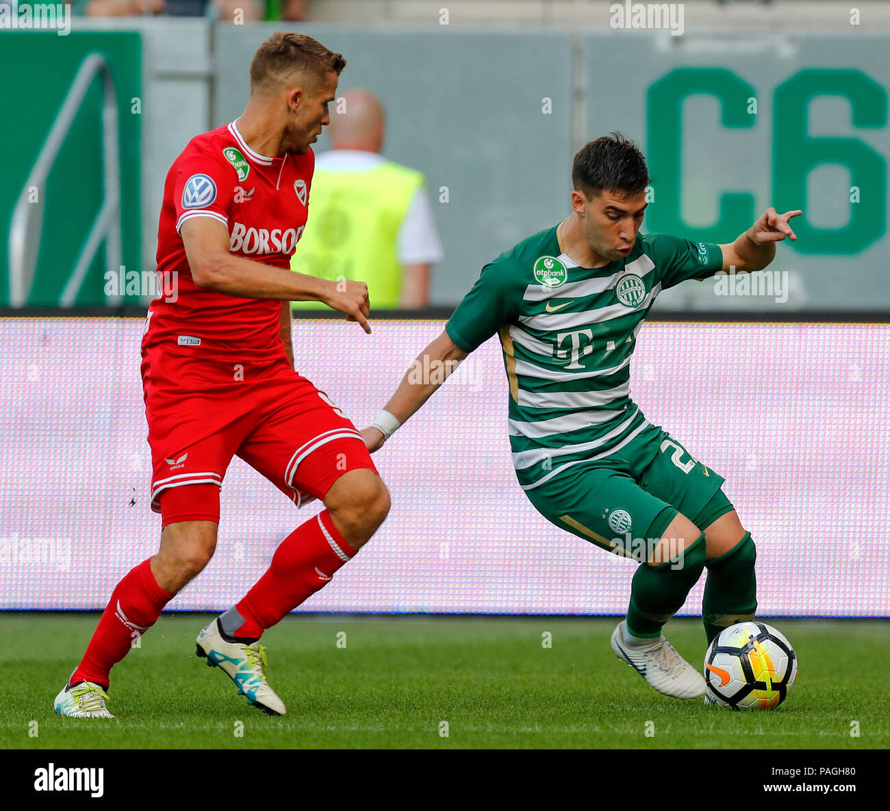 BUDAPEST, HUNGARY - MARCH 2: (r-l) David Markvart of DVTK controls the ball  next to Roland Varga of Ferencvarosi TC during the Hungarian OTP Bank Liga  match between Ferencvarosi TC and DVTK