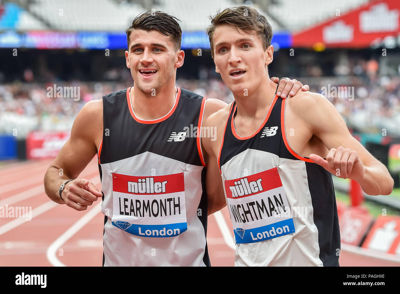 London, UK. 22nd July 2018. Guy Learmonth and Jake Wightman (GBR) after Men's 800m during 2018 IAAF Diamond League - Muller Anniversary Games at London Stadium on Sunday, 22 July 2018. LONDON, ENGLAND. Credit: Taka G Wu Credit: Taka Wu/Alamy Live News Stock Photo