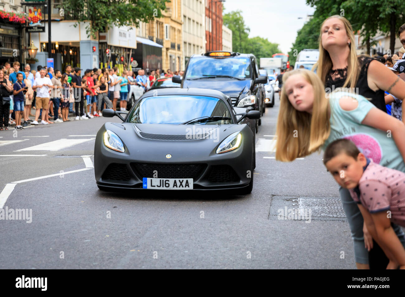 Sloane Street, London, UK, 20th July 2018. Supercars, high-performance and  classic cars, as well as some characterful adaptions, line up and drive  along Sloane Street for Supercar Sunday, which sees around 400