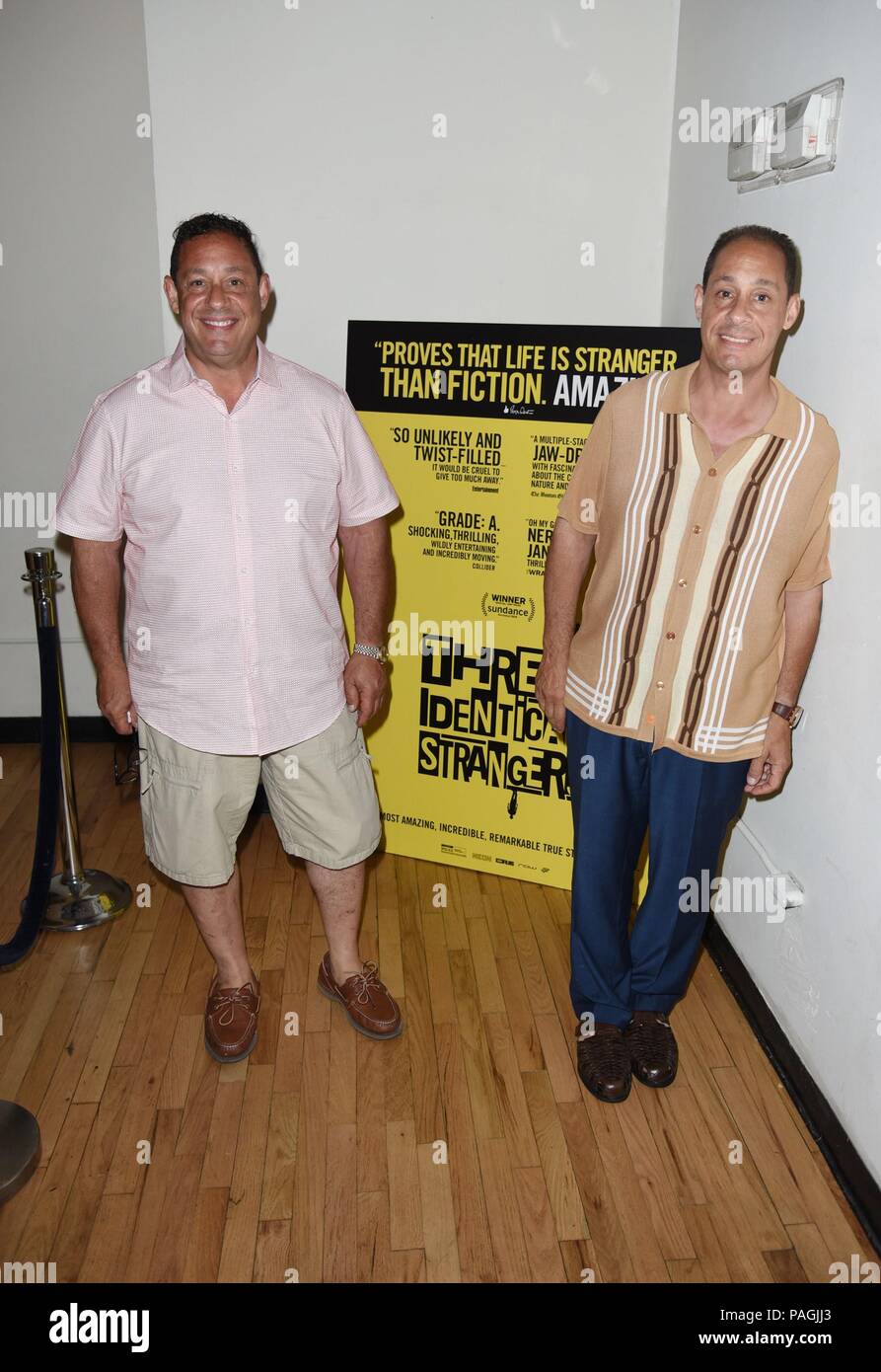 New York, NY, USA. 22nd July, 2018. David Kellman, Robert Shafran, appear at Angelika Theatre to promote their documentary THREE IDENTICAL STRANGERS out and about for Celebrity Candids - SUN, New York, NY July 22, 2018. Credit: Derek Storm/Everett Collection/Alamy Live News Stock Photo