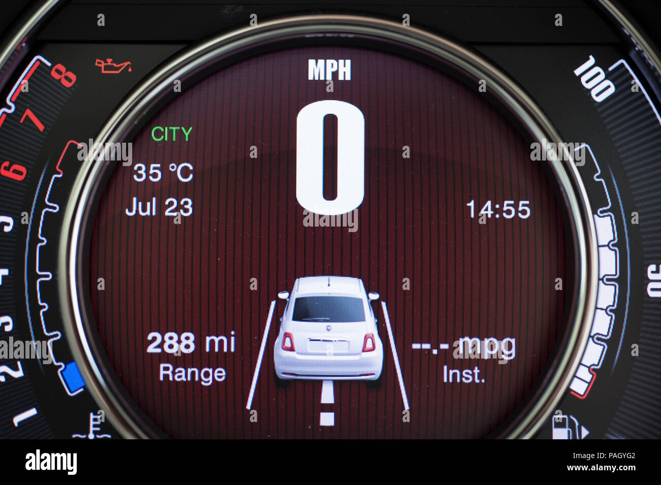 London, UK. 23 July, 2018. Hot, dry weather continues in London with more humid nights and high daytime temperatures forecast. A car parked in full sun with temperature gauge reading 35 degrees outside temperature in Wimbledon, London. Credit: Malcolm Park/Alamy Live News. Stock Photo