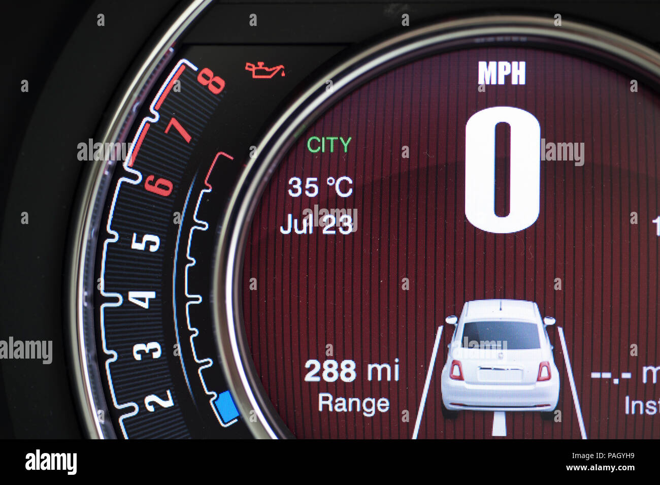 London, UK. 23 July, 2018. Hot, dry weather continues in London with more humid nights and high daytime temperatures forecast. A car parked in full sun with temperature gauge reading 35 degrees outside temperature in Wimbledon, London. Credit: Malcolm Park/Alamy Live News. Stock Photo