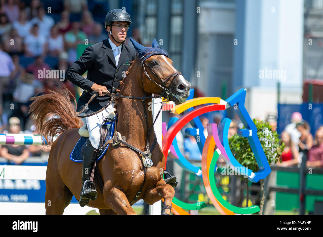Aachen, Germany. July 22, 2018 - Michael KOLZ (GER) riding DSP Anpowikapi during the Rolex Grand Prix - CHIO Aachen 2018. Aachen, Germany, July 22th 2018. (Credit Image: © AFP7 via ZUMA Wire) Stock Photo