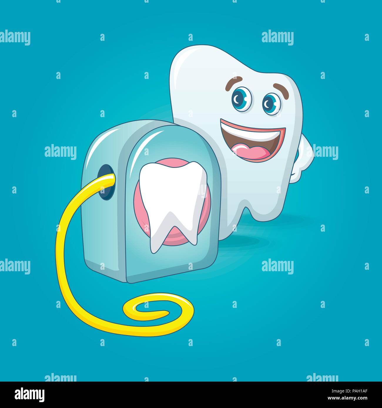 Smiling tooth with floss box concept background, cartoon style Stock Vector