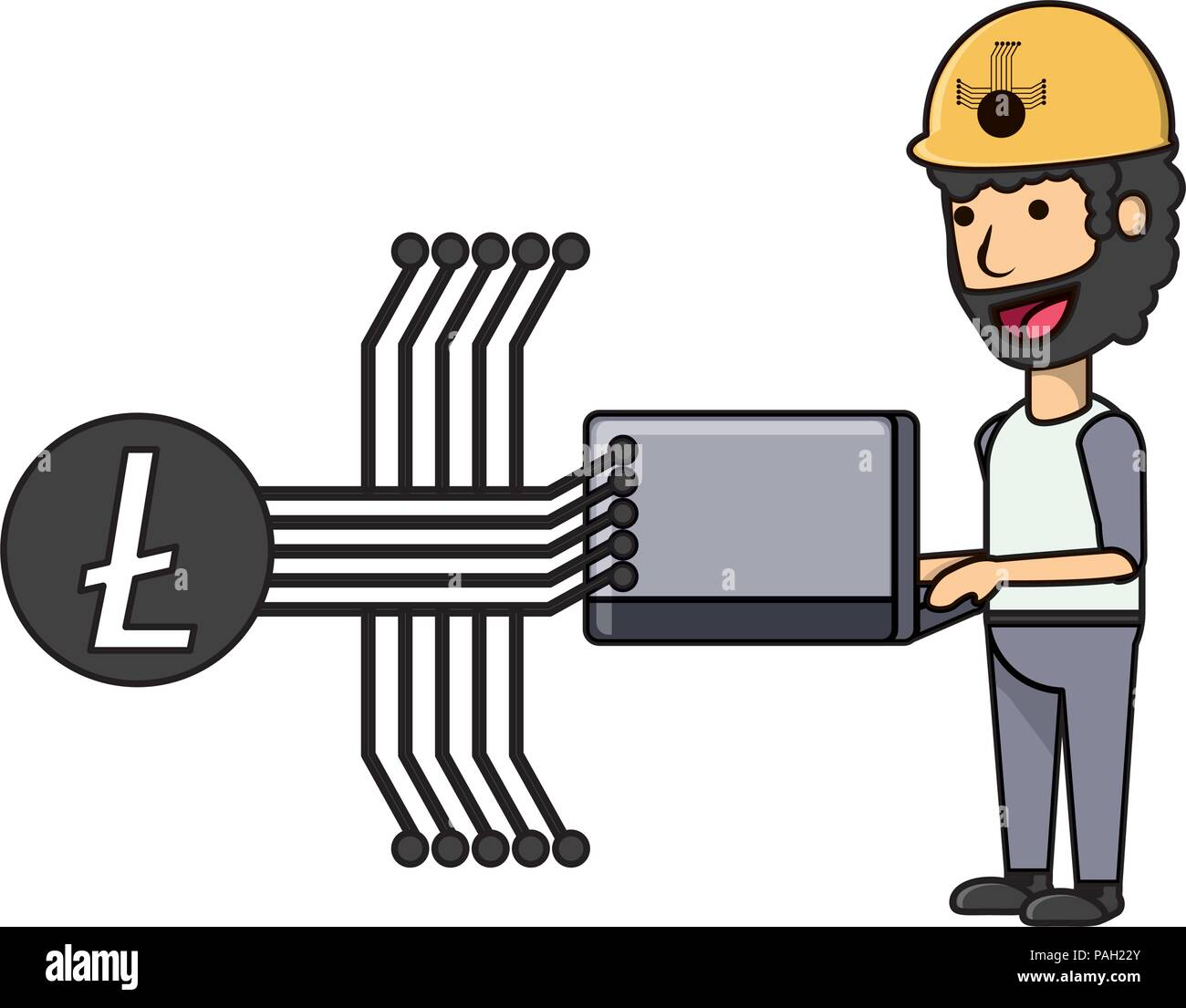cryptocurrency mining design with cartoon man with laptop computer icon ...