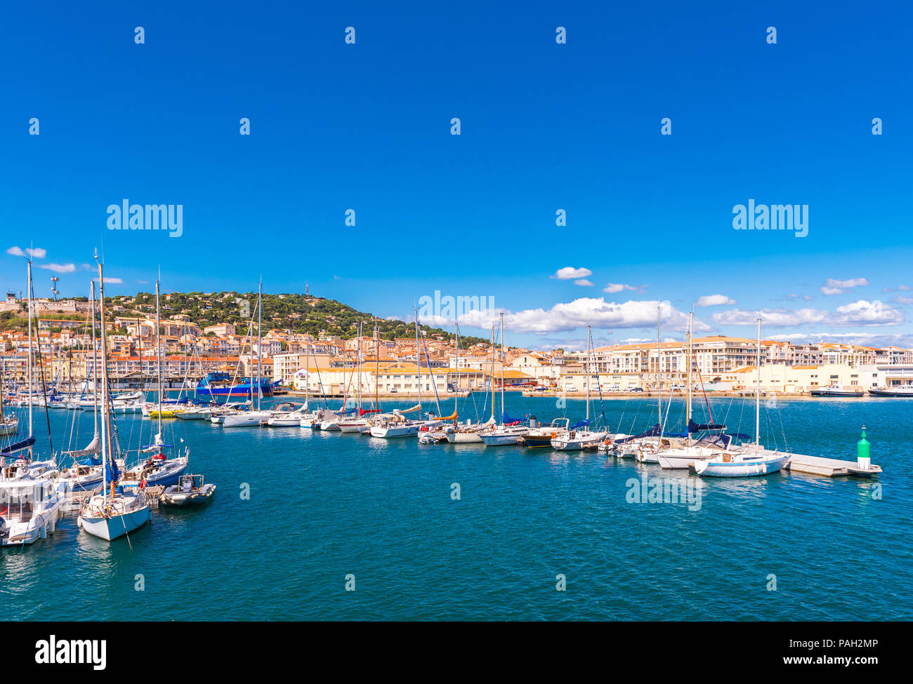 View of the harbor with yachts, Sete, France. Copy space for text Stock Photo