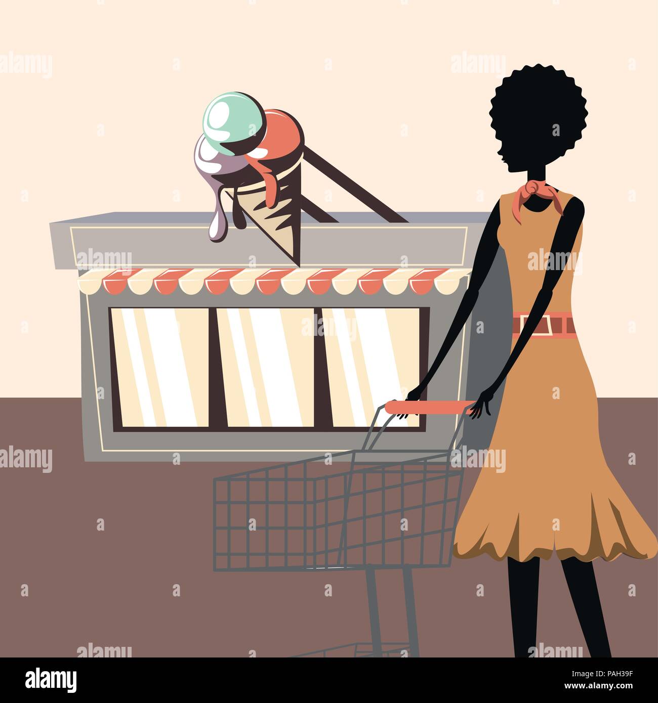 ice cream shop and woman with shopping cart retro style vector ...