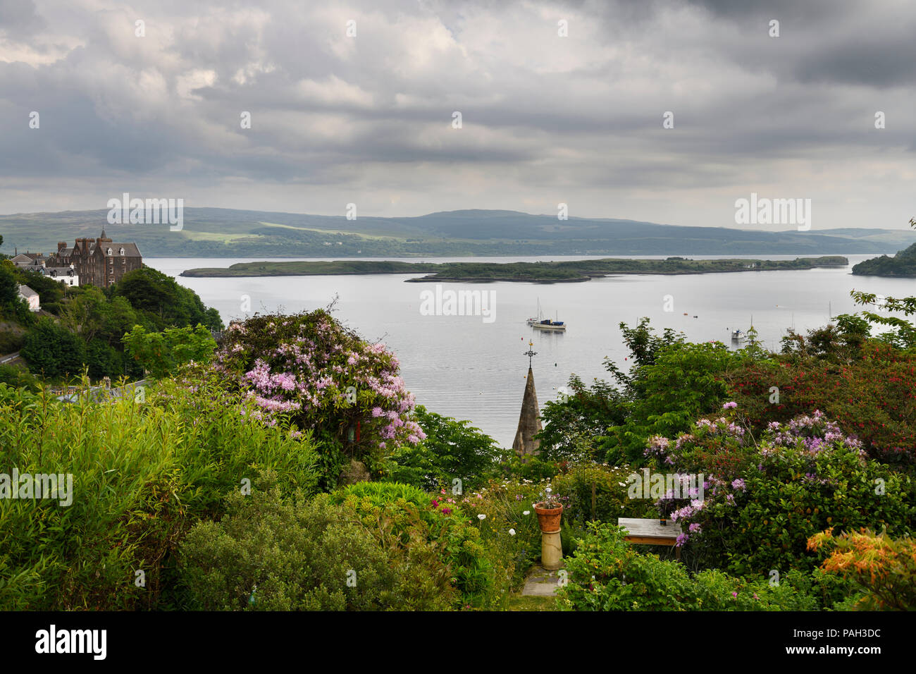 Hilltop garden view of Tobermory harbour on Isle of Mull with Calve Island in the Sound of Mull Inner Hebrides Scotland UK Stock Photo