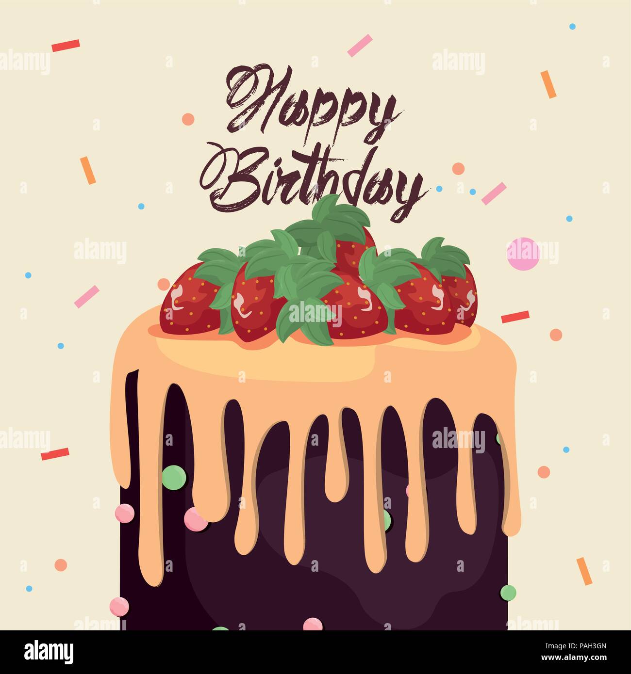 Happy Birthday Card Chocolate Cake And Fruits Vector Illustration Stock Vector Image Art Alamy