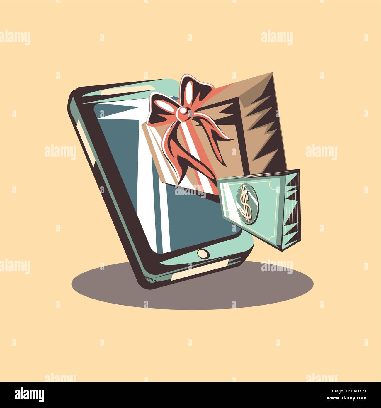 retro shopping cellphone gift box banknote money vector illustration ...